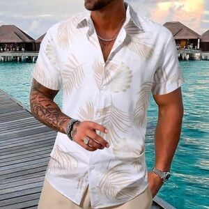 Manfinity Men Tropical Plant Print Short Sleeve Shirt And Drawstring Wai…